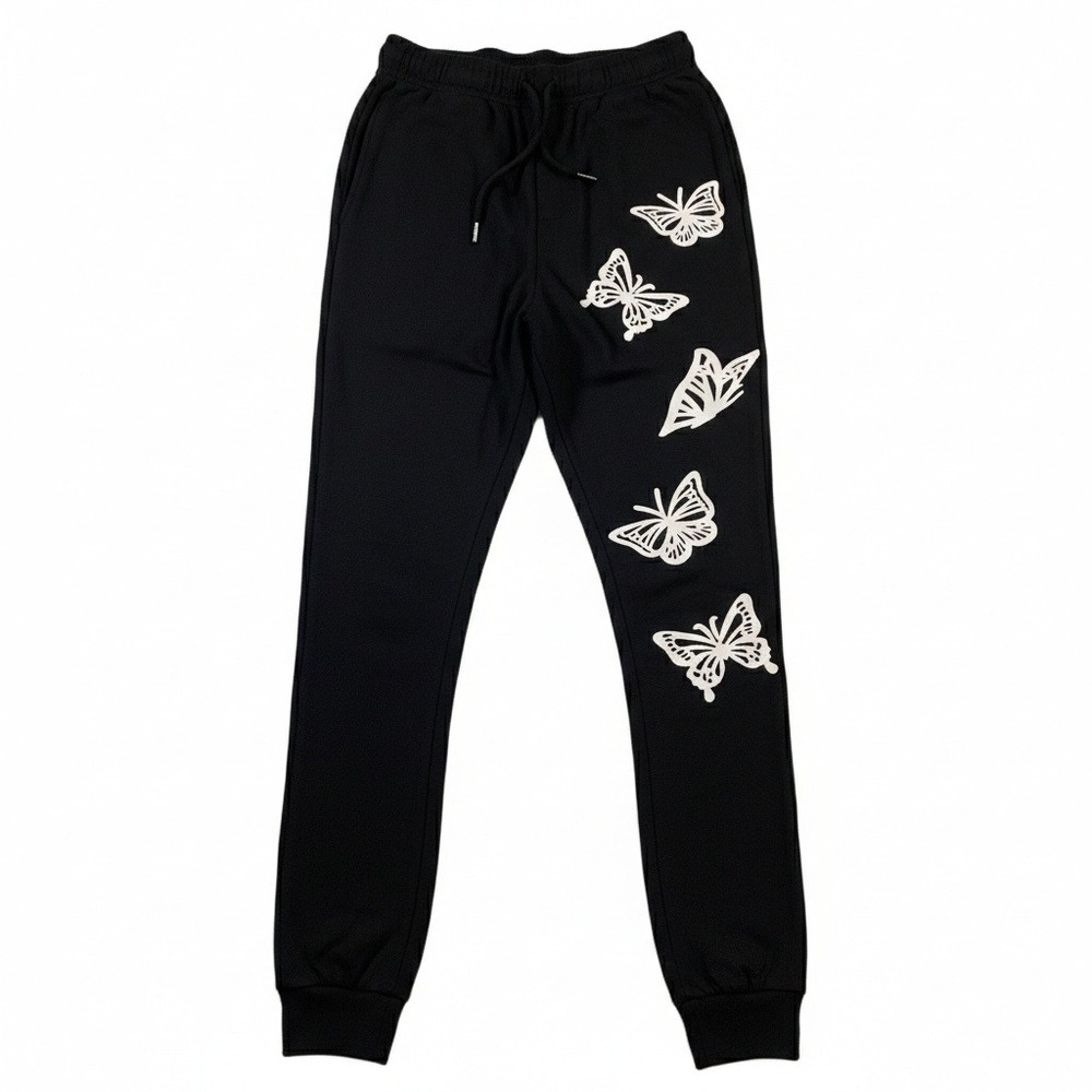 Shein Butterfly Print Drawstring High Waisted Black Jogger Sweatpants Women's XS